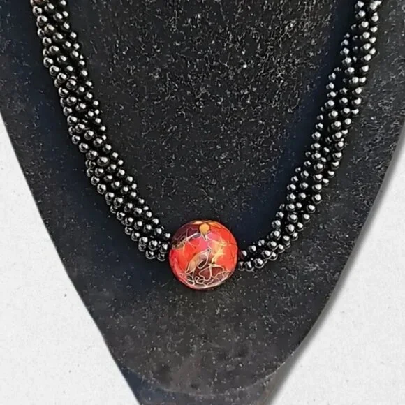 Glass Seed Beaded Necklace Cloisonné Ball Pendant Design Black/Red Women's OS